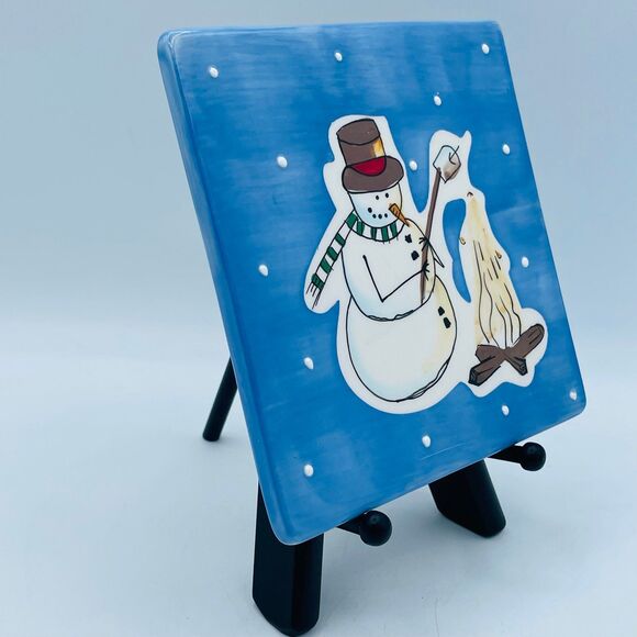 Snowman Roasting Marshamallow Snowy Decorative Tile Trivet Christmas Decor - Picture 3 of 5